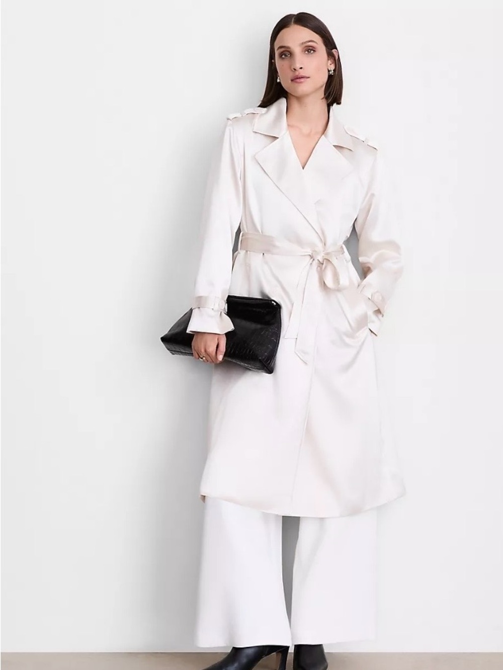 Cream Trench Coat with Tie Belt Satin finish